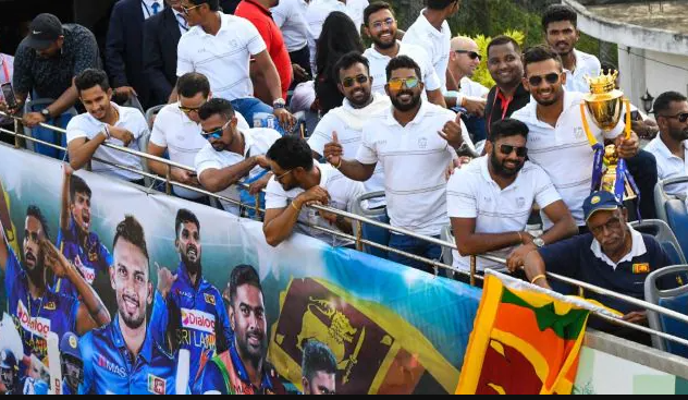 Sri Lanka cricketers with trophy parade in Colombo