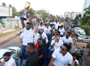 Sri Lanka cricketers with trophy parade in Colombo